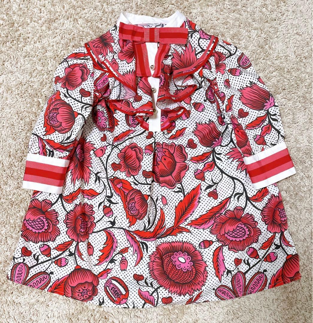 GUCCI グッチ　シャツワンピース　パールボタン　フリル　花柄　赤　ピンク