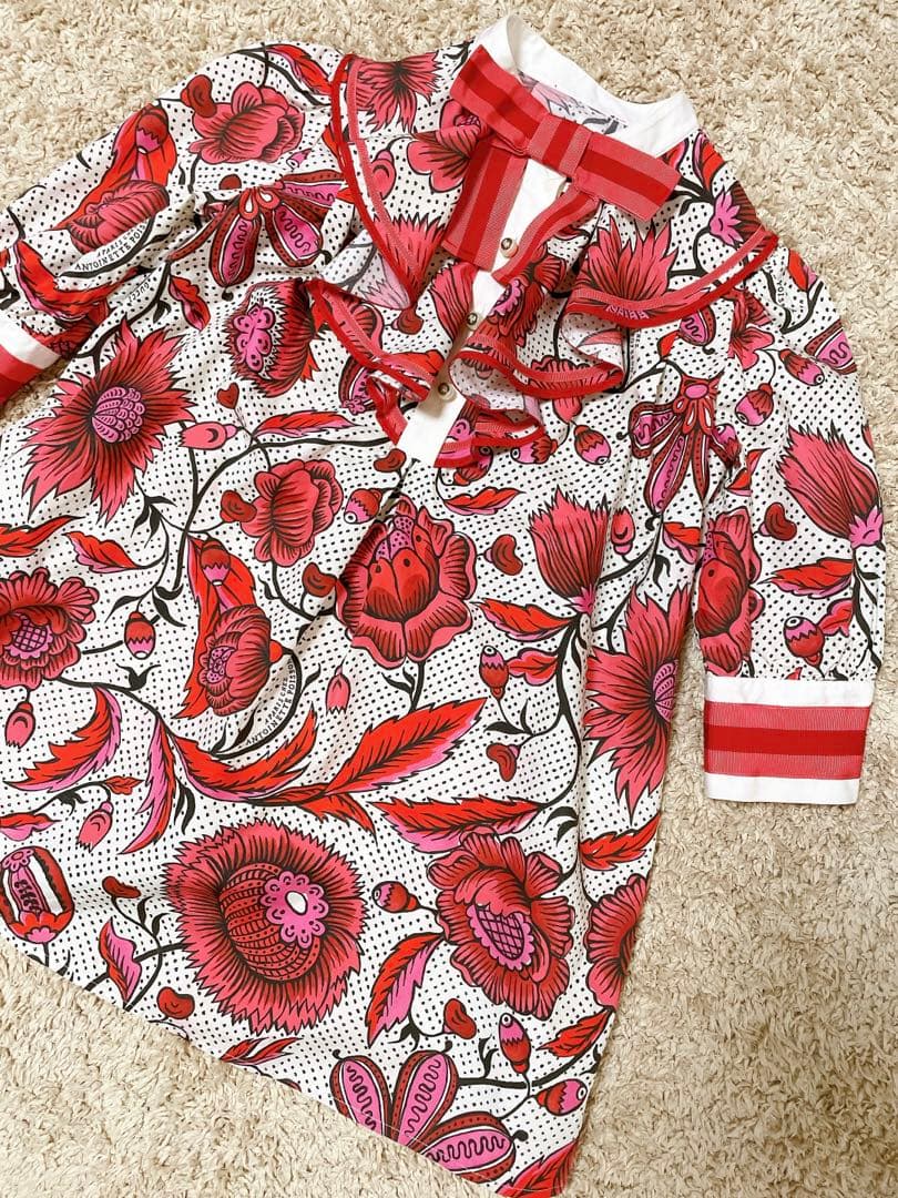 GUCCI グッチ　シャツワンピース　パールボタン　フリル　花柄　赤　ピンク