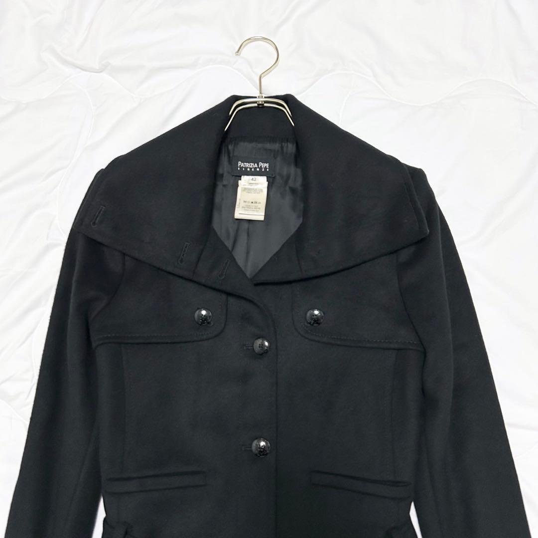 美品　パトリツィアぺぺ　ダブルベルト付き　カシミヤ混　トレンチコート　黒　42