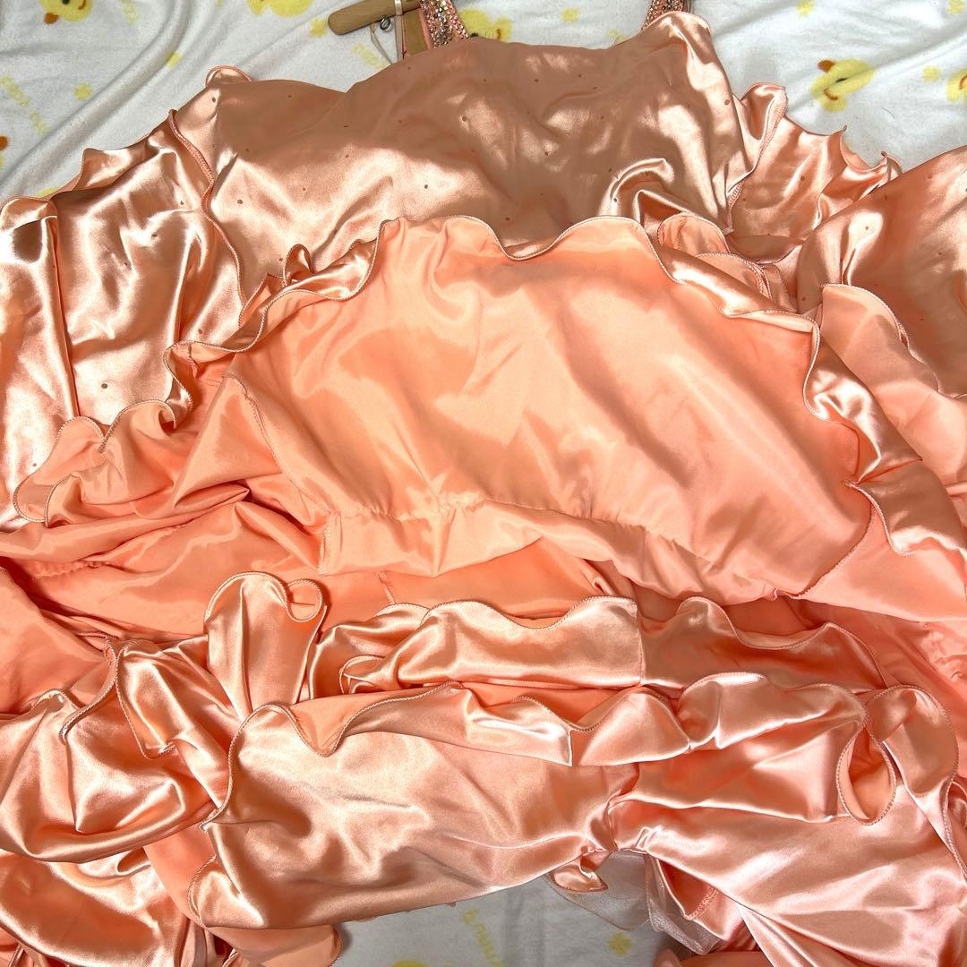 社交ダンスドレス　サーモンピンク　豪華ストーン　紫石　美品　ella 髪飾付き