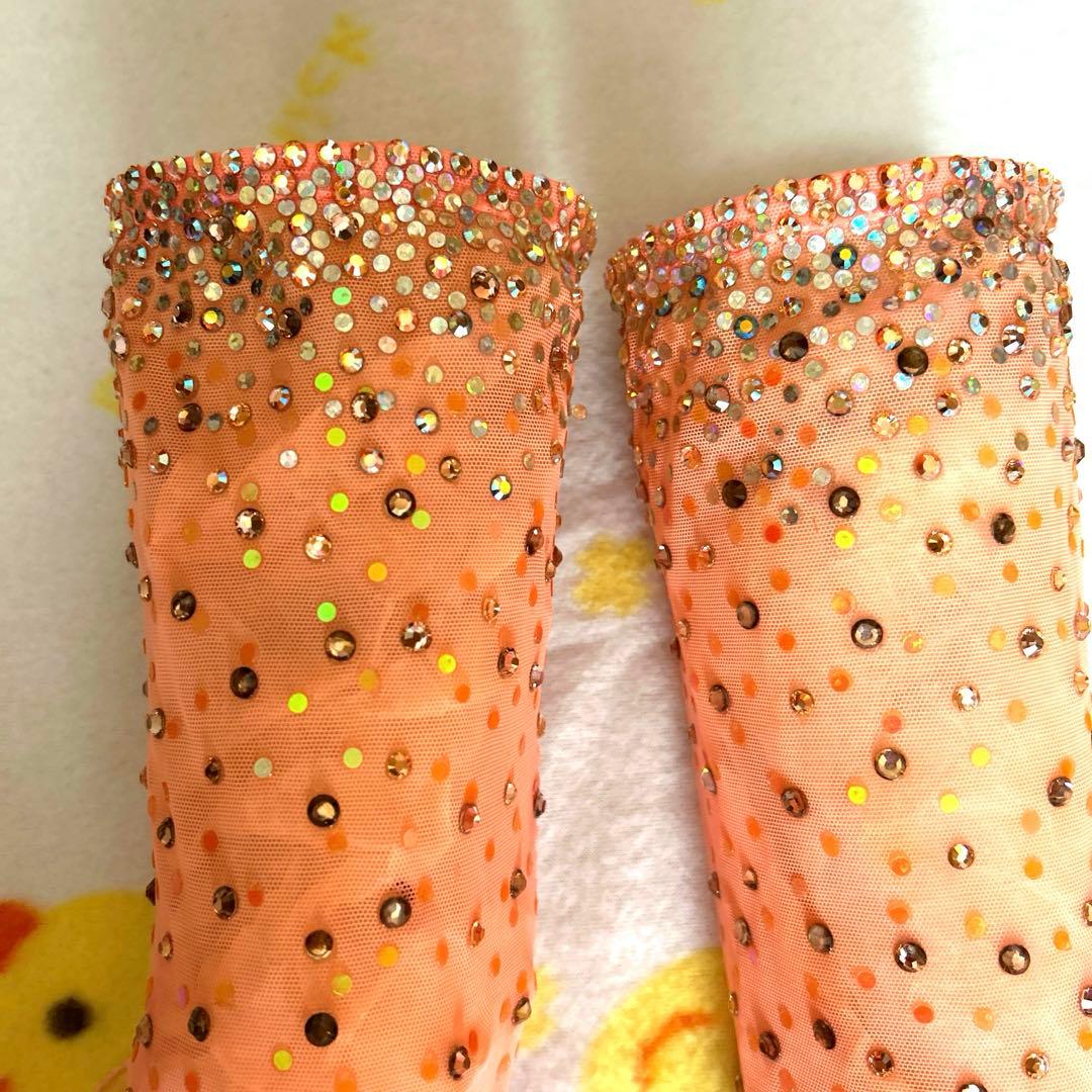 社交ダンスドレス　サーモンピンク　豪華ストーン　紫石　美品　ella 髪飾付き