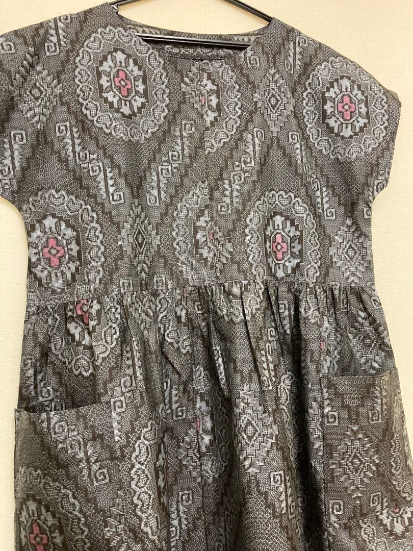 ハンドメイド　大島紬　着物からのリメイク　フレンチスリーブワンピース