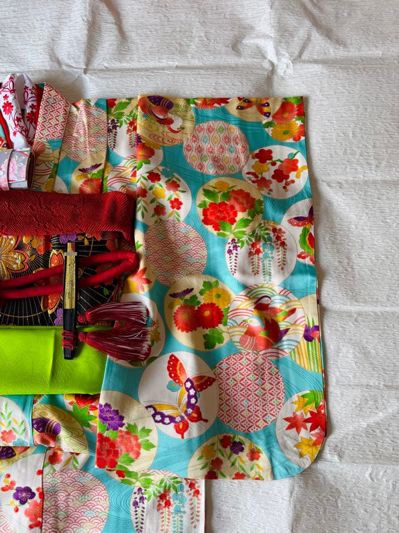 専用です★正絹水色に四季の花々　七歳着物セット