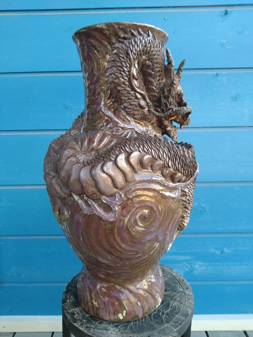 唐津焼巻龍塑型大花器A25、焼物の龍花瓶、骨董品、アンティーク、
