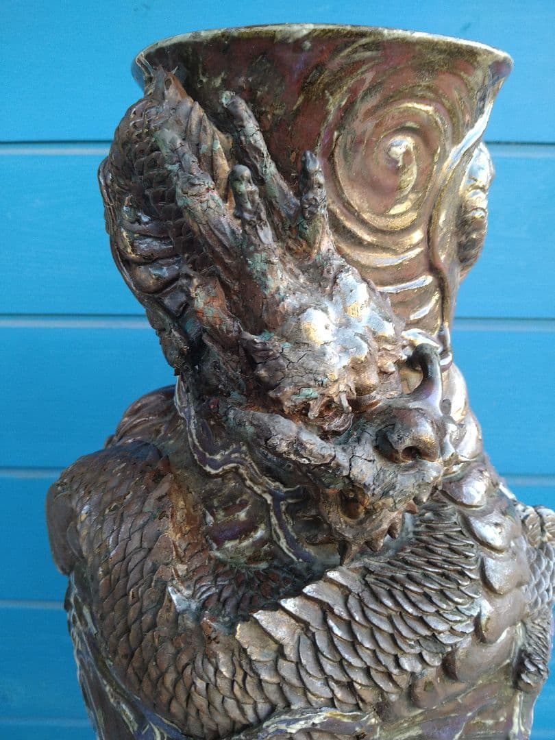 唐津焼巻龍塑型大花器A25、焼物の龍花瓶、骨董品、アンティーク、