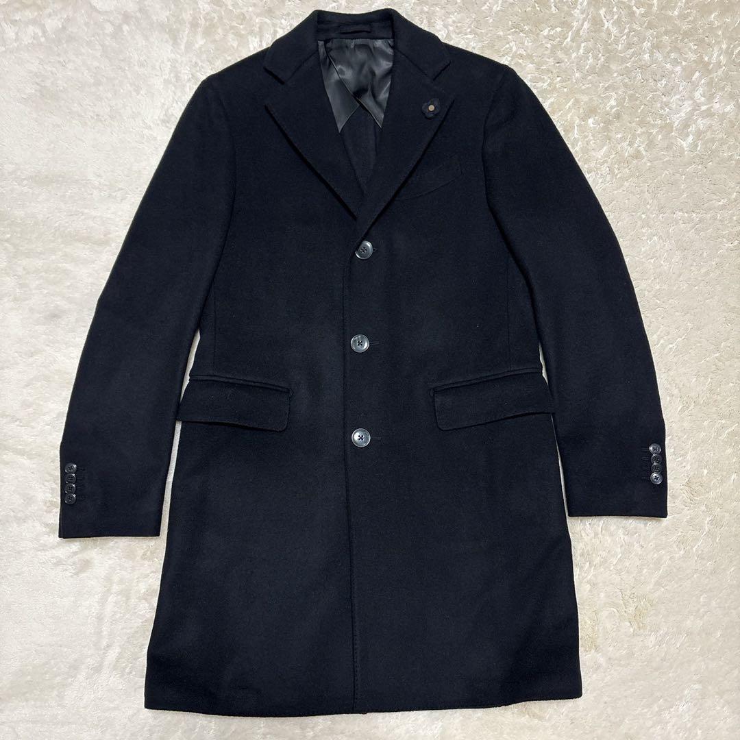 極美品 ラルディーニ チェスターコート ブートニエール ブラック ウール 46