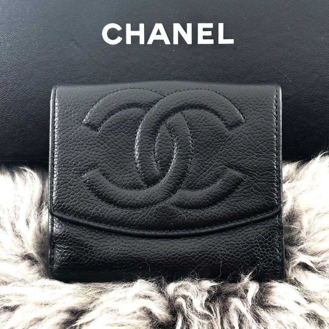 【極美品✨】シャネル 財布 ココステッチ キャビアスキン Wホック 二つ折 黒