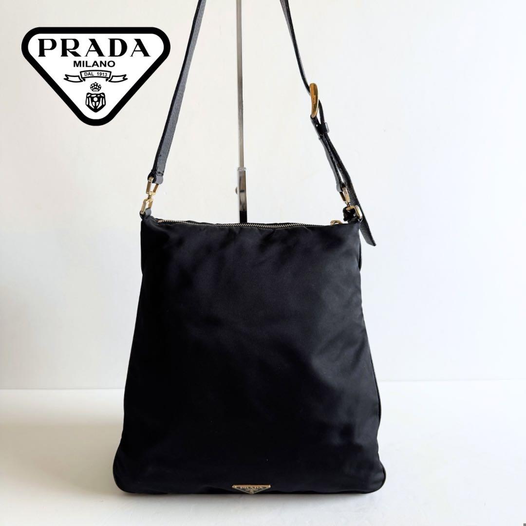 希少 PRADA プラダ ショルダーバッグ 三角ロゴ 白タグ 黒 金ロゴ 正規