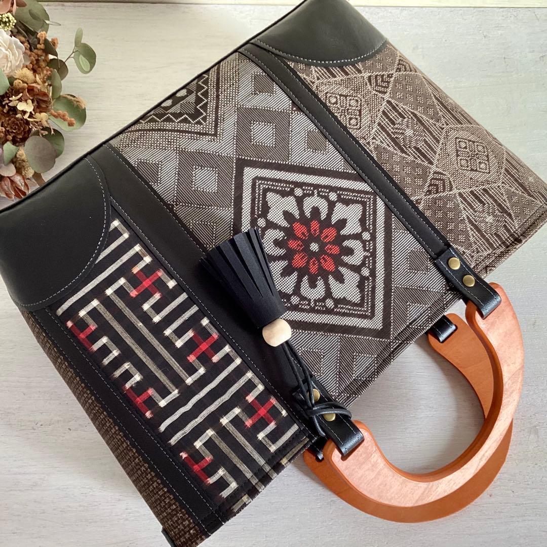 着物リメイク 大島紬 秋名バラ 龍郷 本革 和装バッグ ハンドメイド 古布