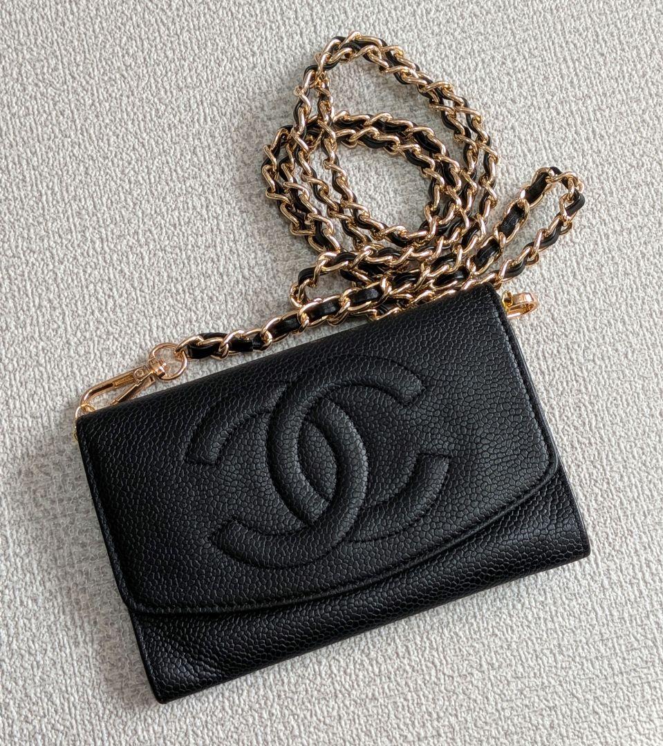 シャネル　デカココ　ミニ財布　黒　キャビアスキン　チェーンウォレット　小銭入れ