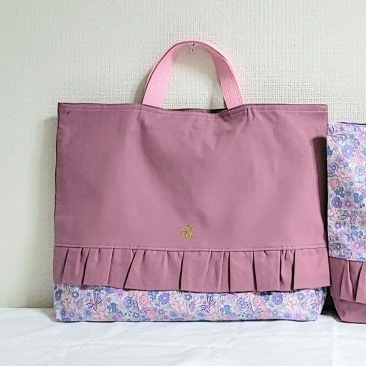 Betta96.入園入学セット　女の子　パープル 花柄 フリル付き