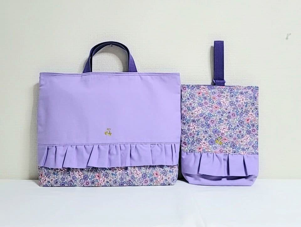 Betta96.入園入学セット　女の子　パープル 花柄 フリル付き