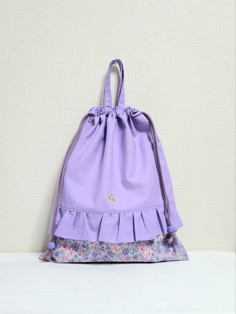 Betta96.入園入学セット　女の子　パープル 花柄 フリル付き