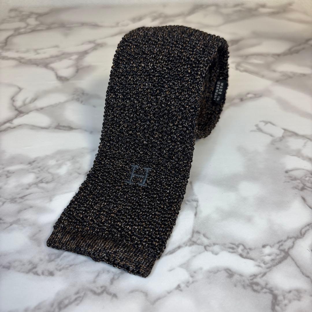HERMES ニットタイ　ブラウン　ブラック　茶　黒　ワンポイント