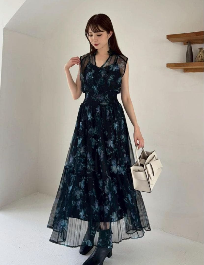 【新品】FRAY I.D シアーフラワープリーツワンピース BLK 1