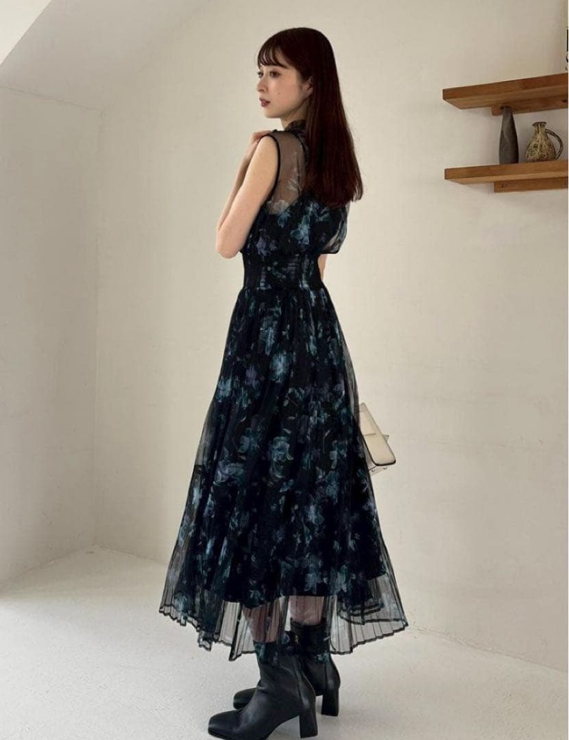 【新品】FRAY I.D シアーフラワープリーツワンピース BLK 1