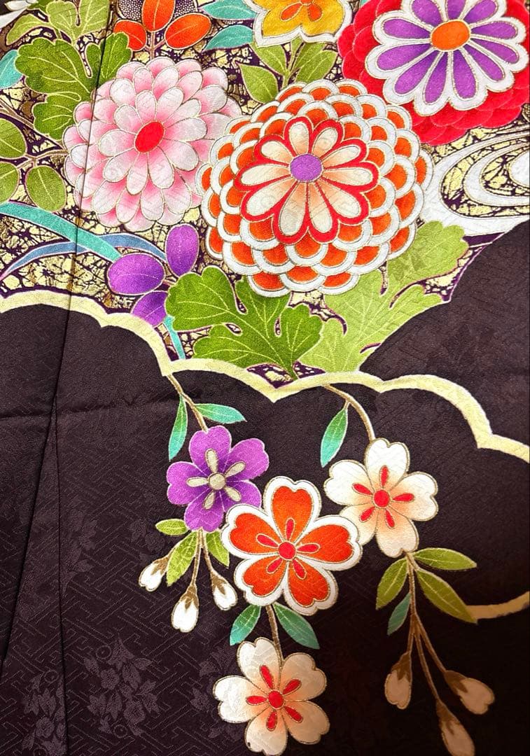 黒鳶色 吉祥花柄 振袖 身丈165
