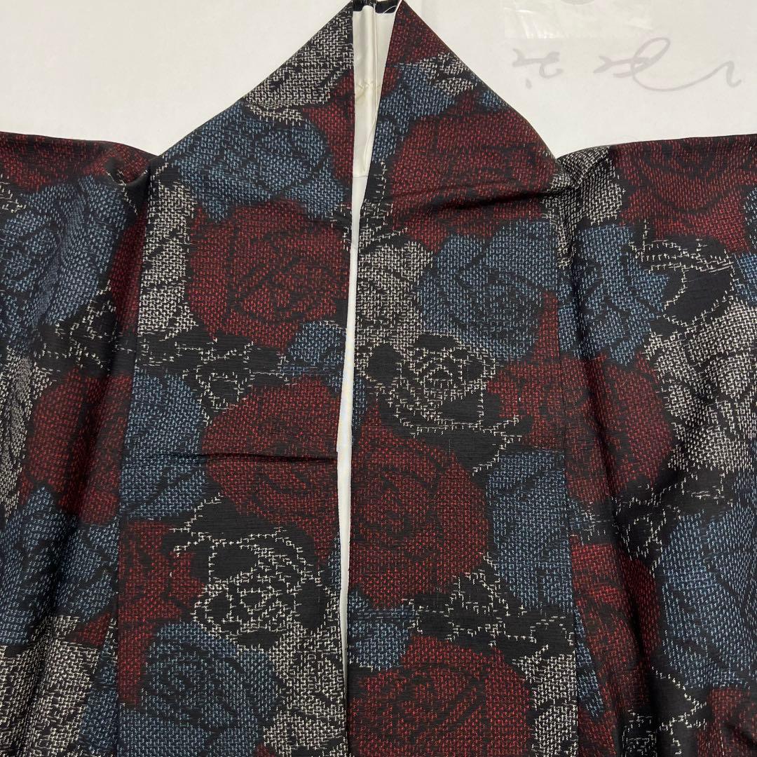 十日町紬　袷　薔薇　バラ模様の織り出し