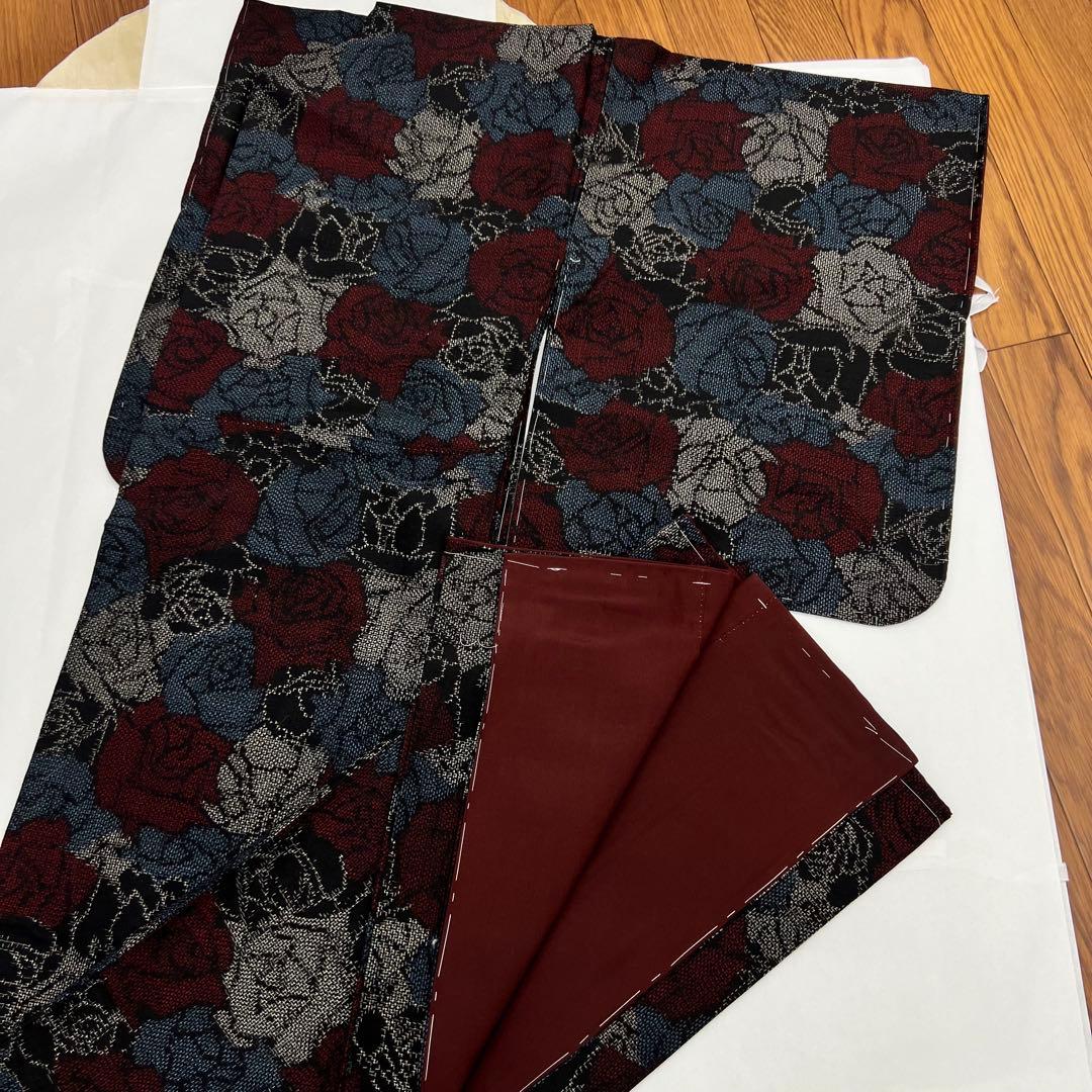 十日町紬　袷　薔薇　バラ模様の織り出し