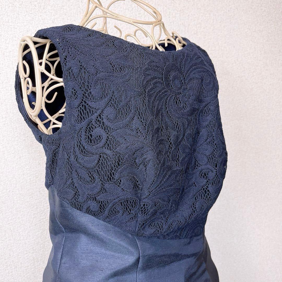 ロング マザーズ ドレス ネイビー シャンタン フォーマル ノースリーブ 7号