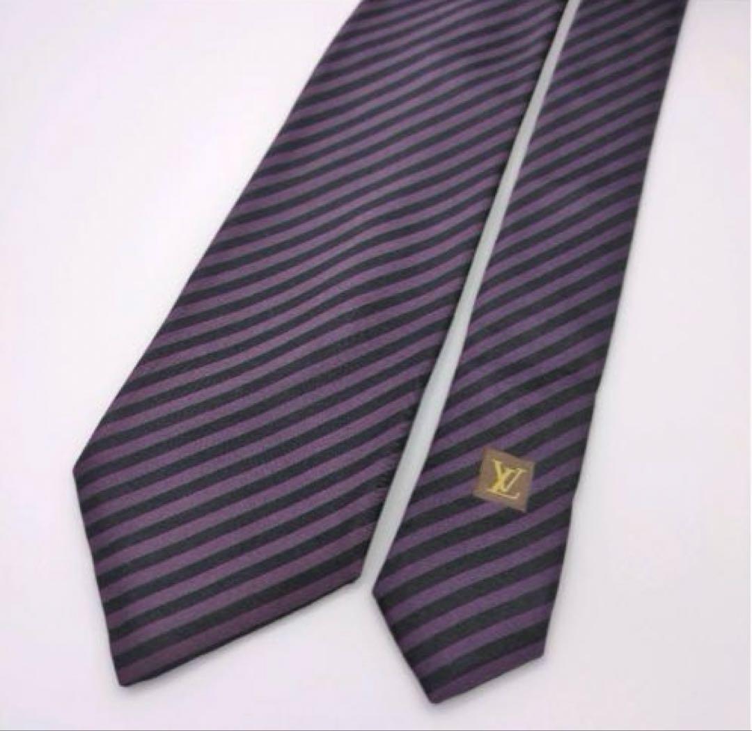 希少 ルイヴィトン ネクタイ パープル ブラック ストライプ 紫 LVロゴ