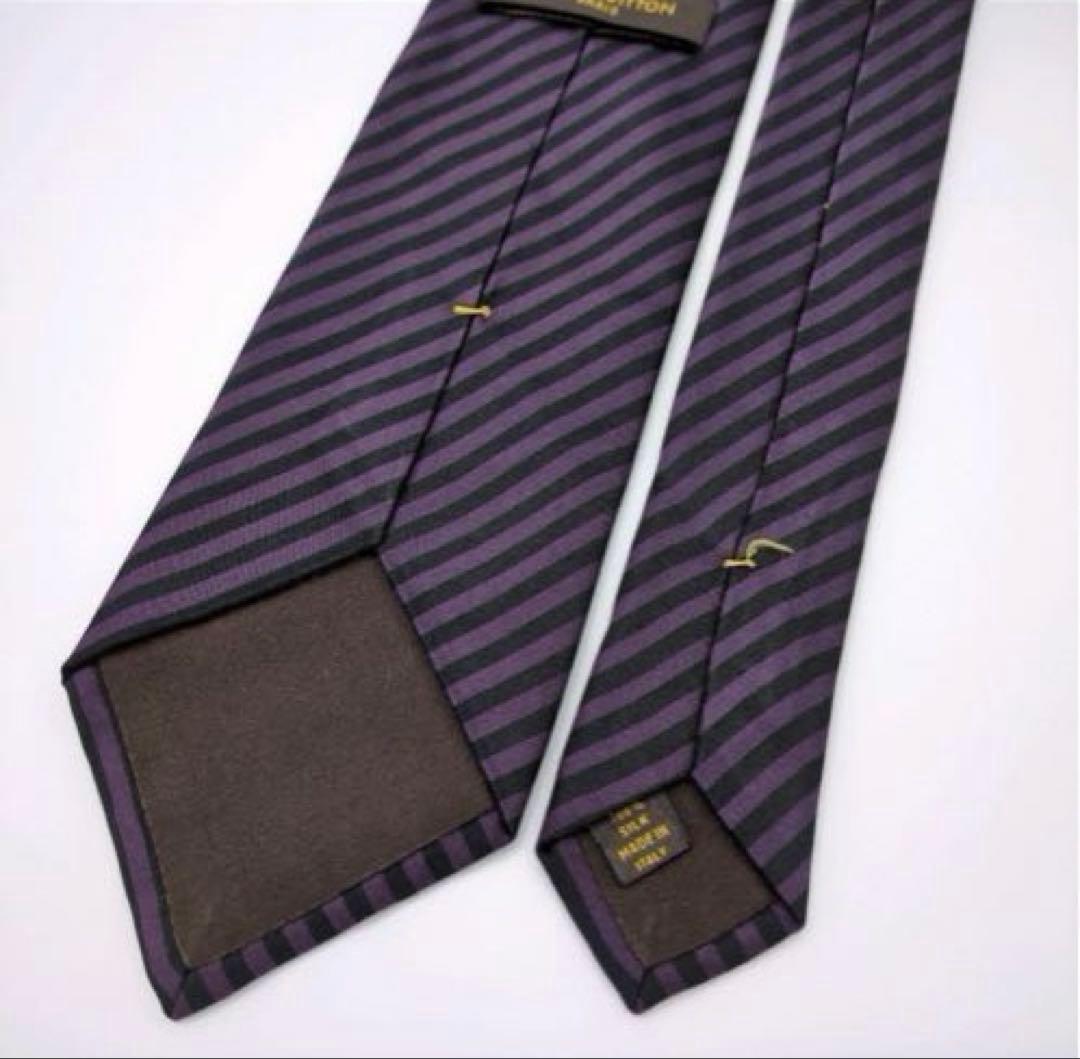 希少 ルイヴィトン ネクタイ パープル ブラック ストライプ 紫 LVロゴ