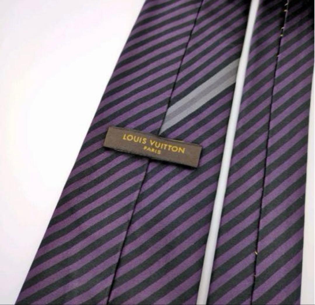 希少 ルイヴィトン ネクタイ パープル ブラック ストライプ 紫 LVロゴ