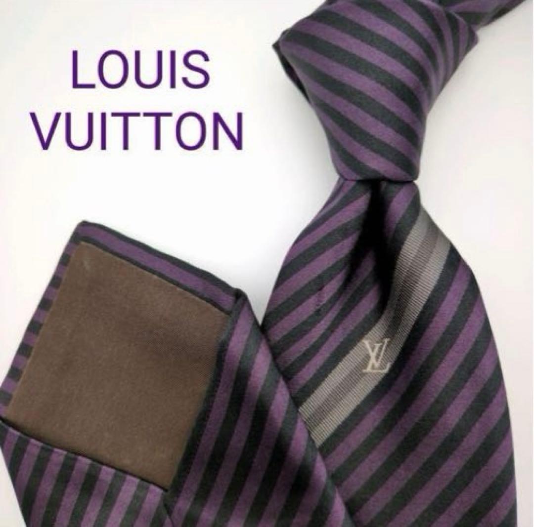 希少 ルイヴィトン ネクタイ パープル ブラック ストライプ 紫 LVロゴ