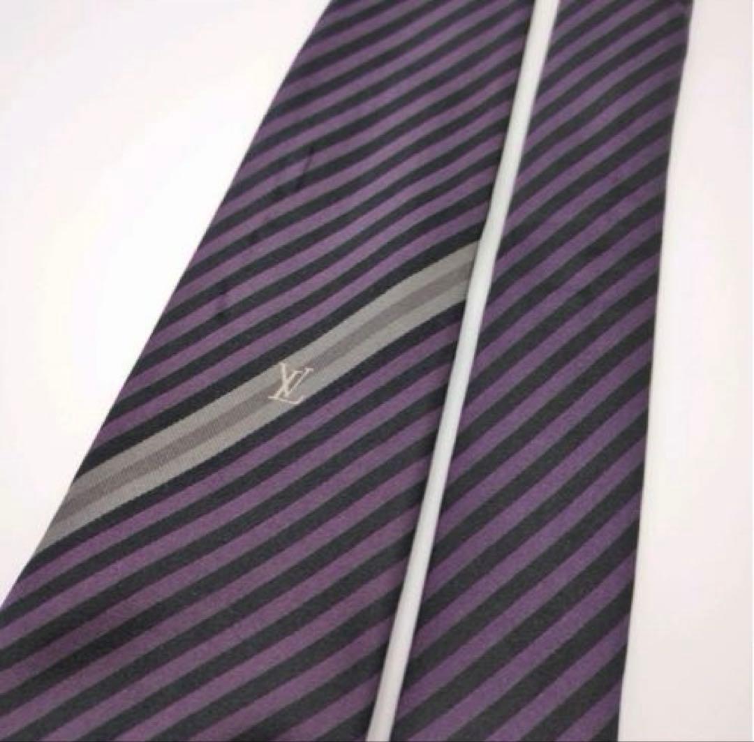 希少 ルイヴィトン ネクタイ パープル ブラック ストライプ 紫 LVロゴ