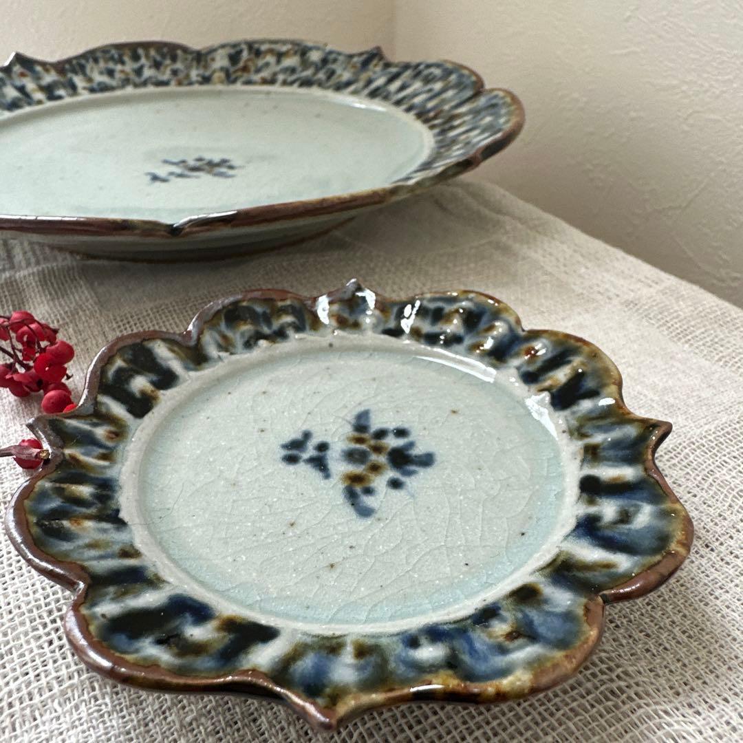 mayumin 陶房遊 7.8寸 5.5寸 輪花リム皿 錆青新品未使用