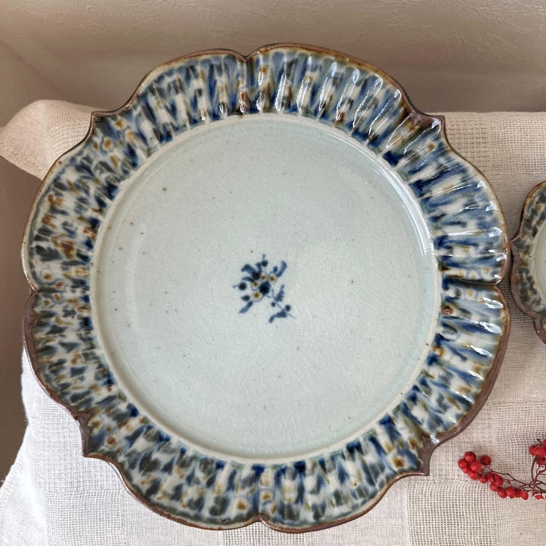 mayumin 陶房遊 7.8寸 5.5寸 輪花リム皿 錆青新品未使用