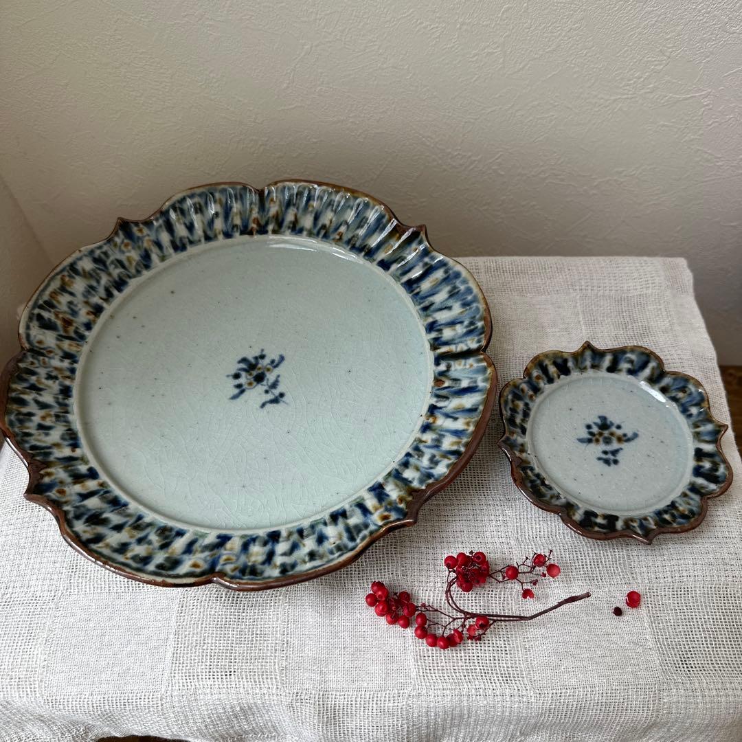 mayumin 陶房遊 7.8寸 5.5寸 輪花リム皿 錆青新品未使用