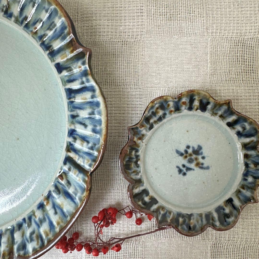 mayumin 陶房遊 7.8寸 5.5寸 輪花リム皿 錆青新品未使用