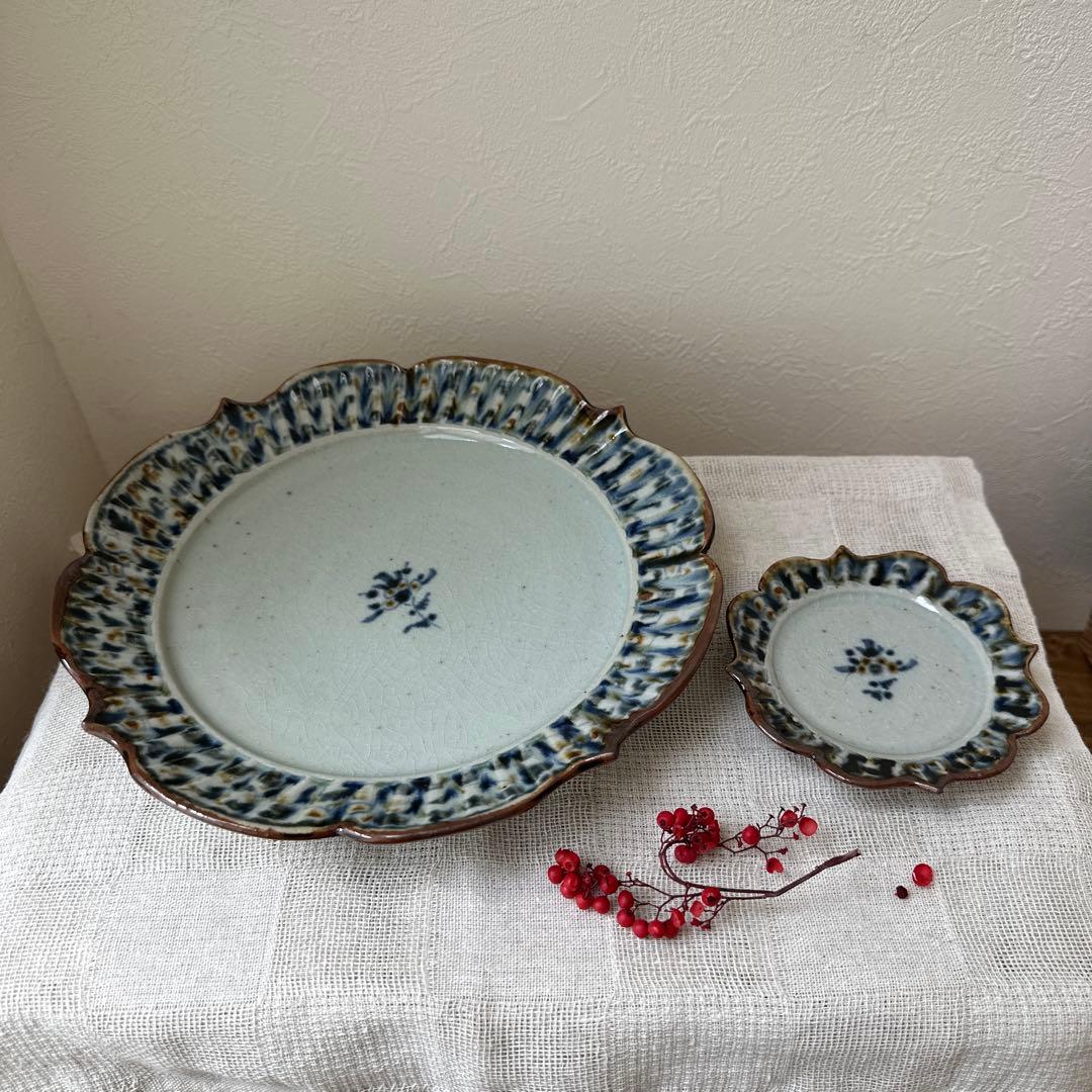 mayumin 陶房遊 7.8寸 5.5寸 輪花リム皿 錆青新品未使用