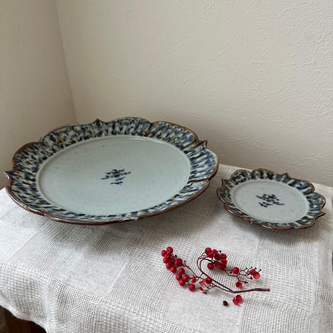 mayumin 陶房遊 7.8寸 5.5寸 輪花リム皿 錆青新品未使用