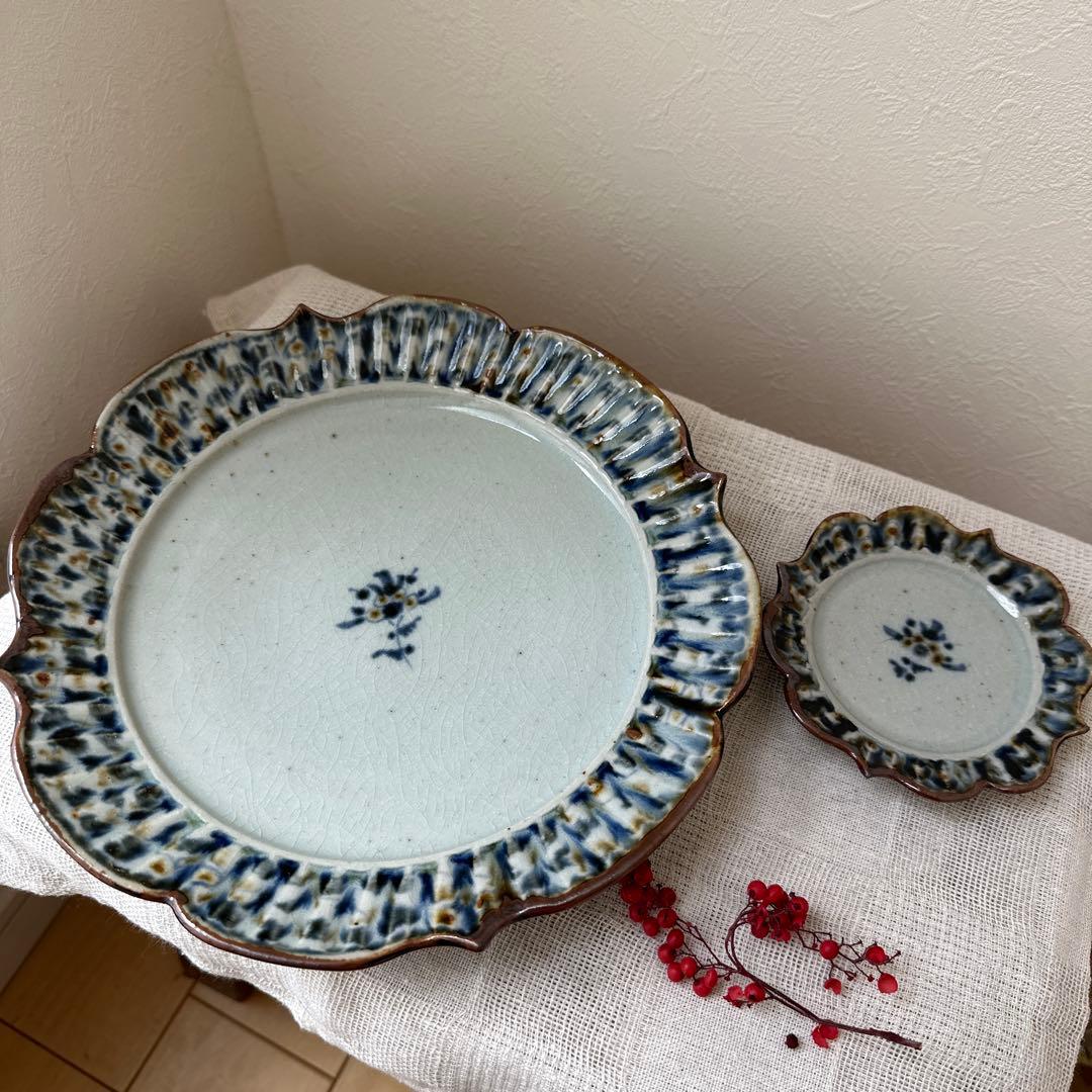 mayumin 陶房遊 7.8寸 5.5寸 輪花リム皿 錆青新品未使用