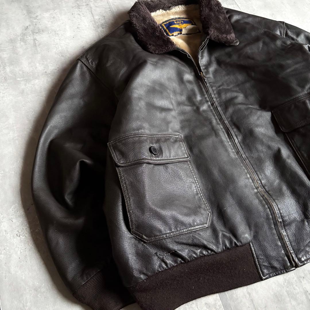 【90s US NAVY】G-1 フライトジャケット　本革　襟ボア　短丈　古着