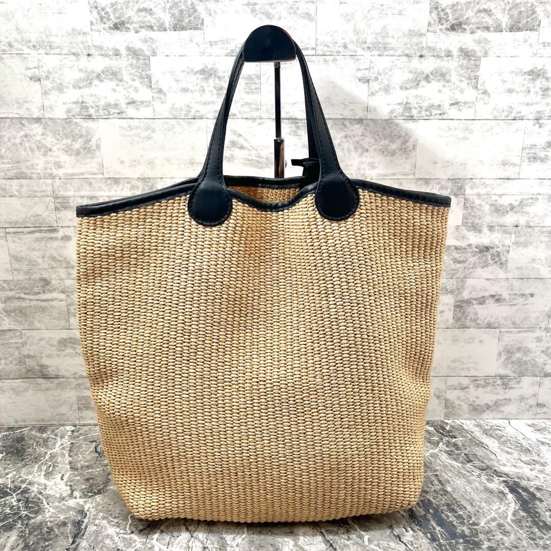 美品✨ マルコマージ 雑材 トートバッグ ラフィア風 ストロー ブラック A4