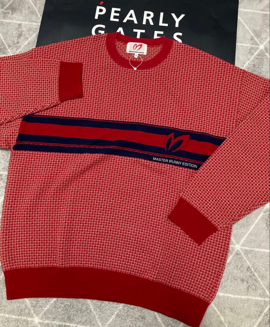 新品 パーリーゲイツ マスターバニー 千鳥編み込み ニット(6)サイズLL/赤