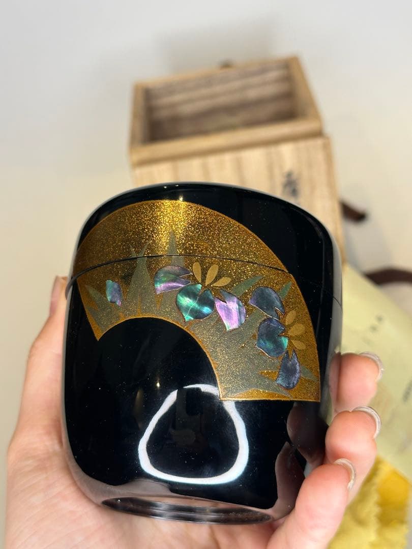 一兆作 茶棗 茶道具 漆芸 洒金 描金 螺鈿嵌 作家物 底部款識 共箱 共布