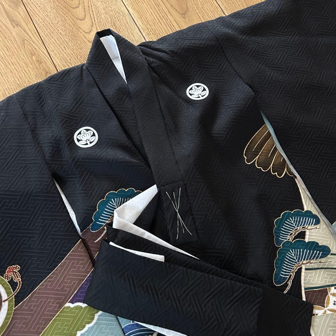 正絹　男の子お宮参り着物　産着　3歳七五三祝い着　黒　鷹刺繍　日本製