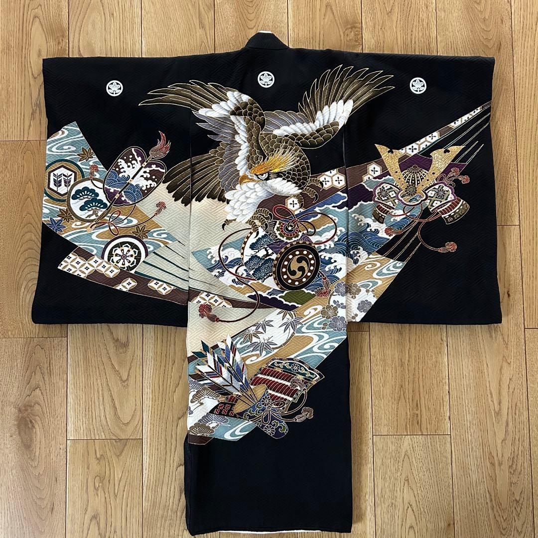 正絹　男の子お宮参り着物　産着　3歳七五三祝い着　黒　鷹刺繍　日本製