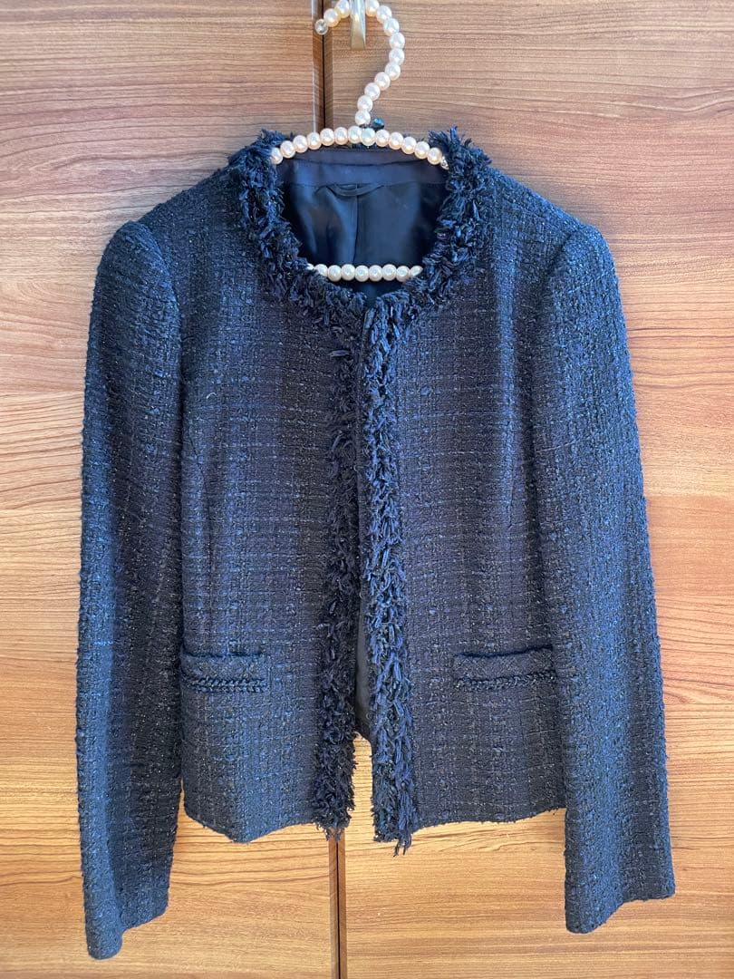 ANAYI ノーカラージャケット ネイビー ツイード