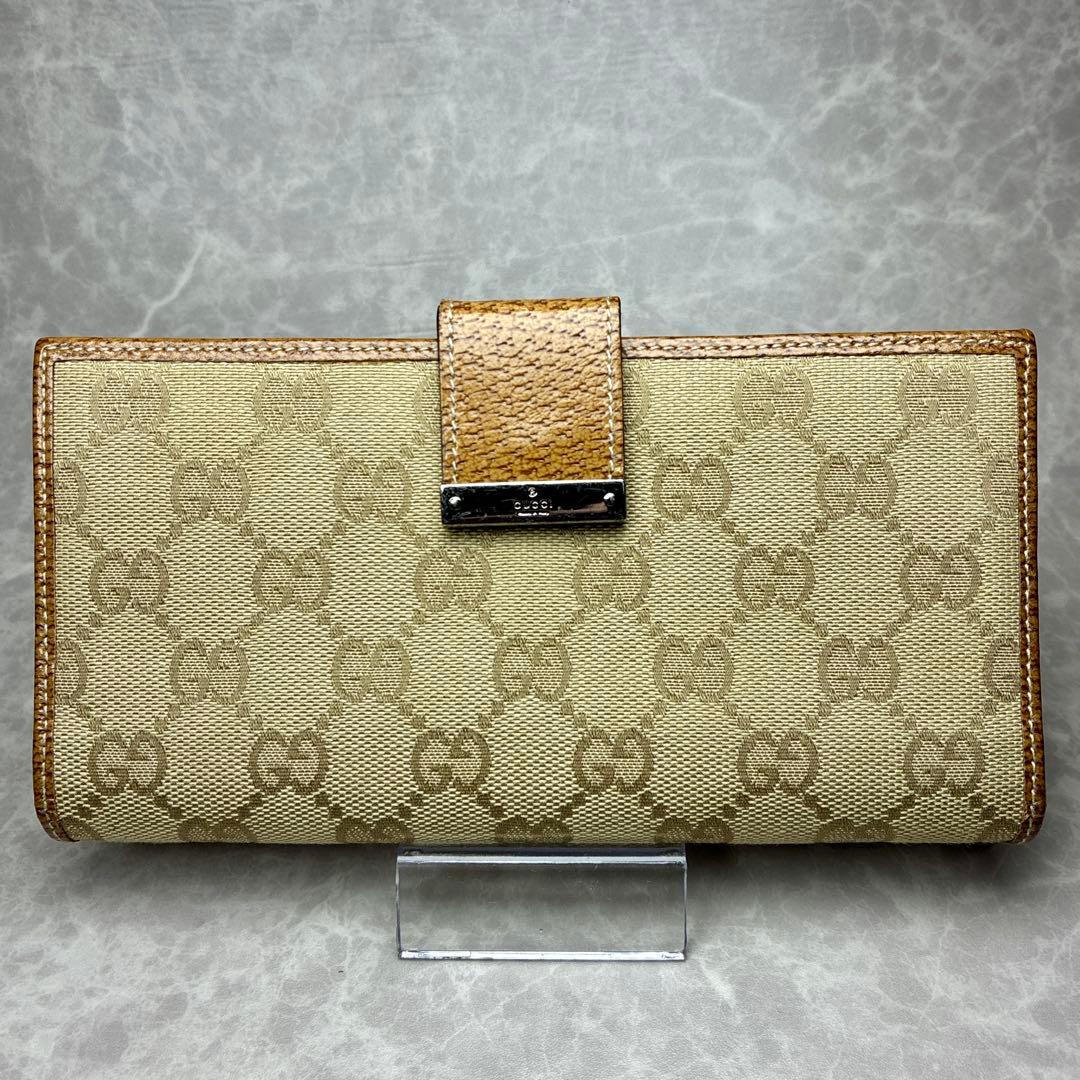 【美品】GUCCI グッチ 長財布 GGキャンバス×レザー ベージュ×ブラウン