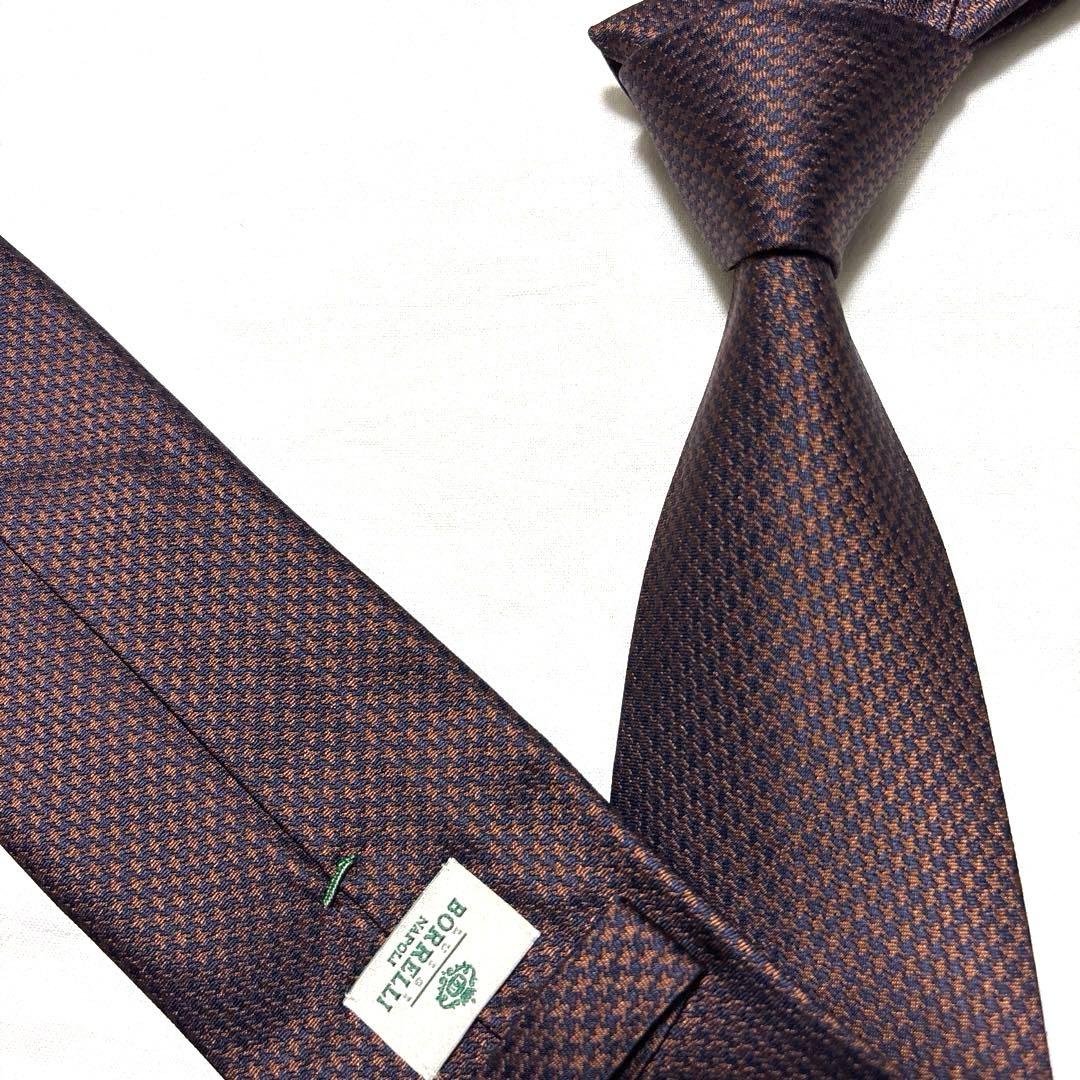 ルイジボレッリ　ネクタイ　ブラウン×ネイビー　シルクジャガード　美品