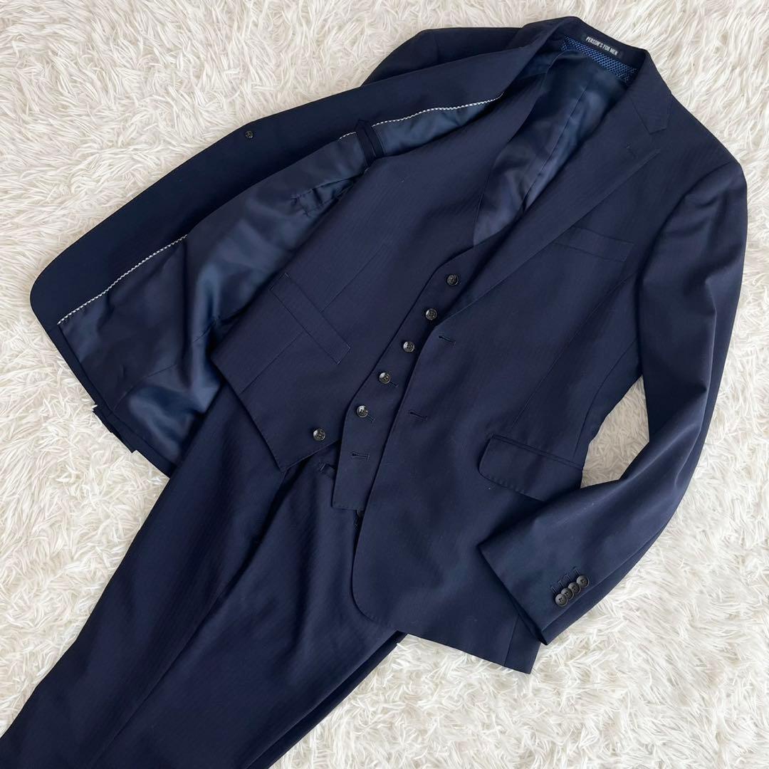 【美品】ビジネススーツ　セットアップ　スリーピース　ネイビー　ストライプ　YA6