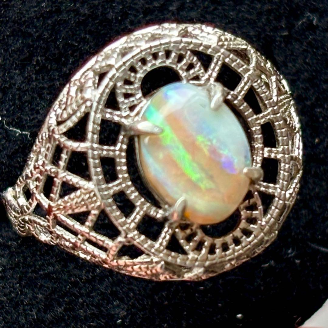 セミブラックオパールシルバーリングアールデコ フィリグリースタイルリボンパターン