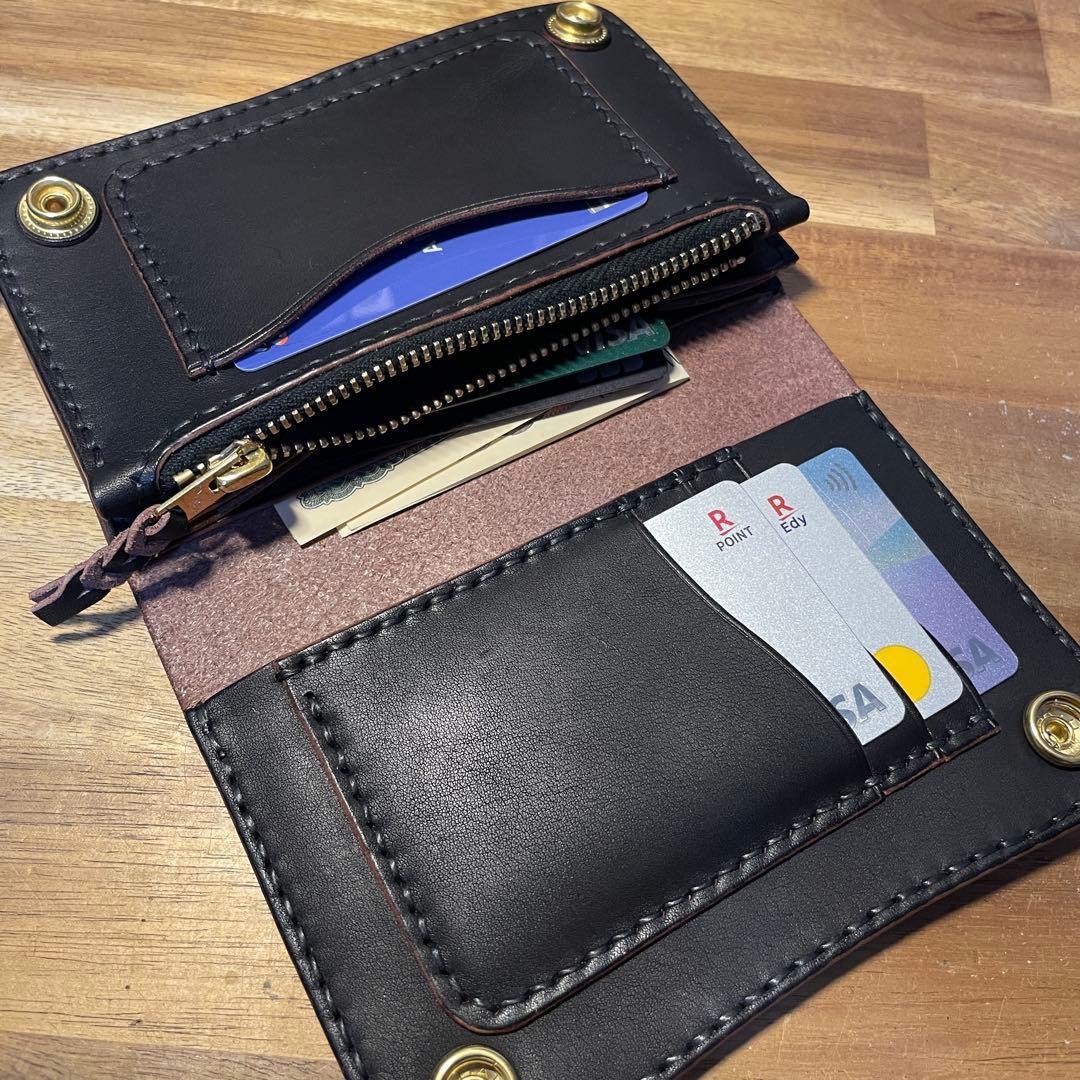 ミドルトラッカーウォレット　栃木レザー　オイルレザー　茶芯　丘染めブラック