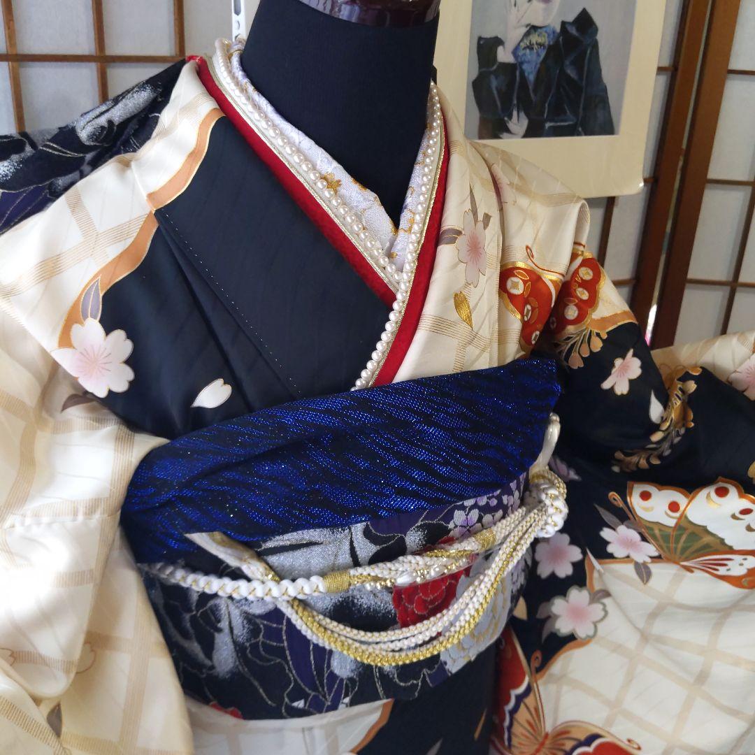 405白地レトロモダン　舞蝶桜　正絹振袖7点フルセット成人式卒式謝恩会