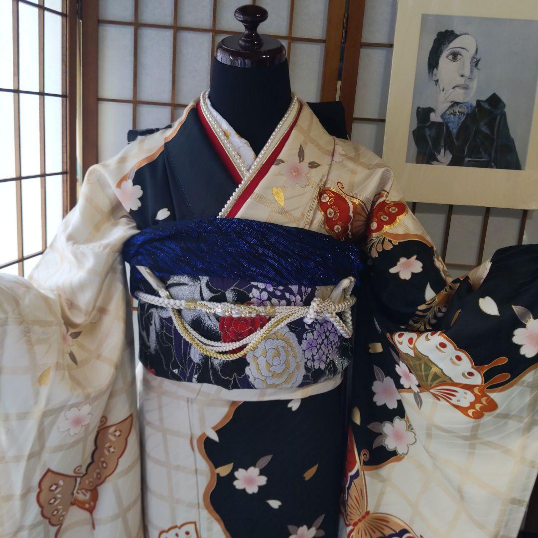 405白地レトロモダン　舞蝶桜　正絹振袖7点フルセット成人式卒式謝恩会